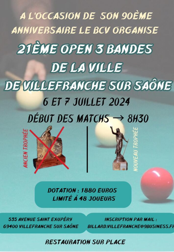 Tournoi Open 3 bandes 6 et 7 Juillet 2024